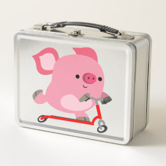 Niedlicher Scooter-Riding-Cartoon Pig Metall Brotdose