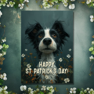Niedlicher Scruffy Hund und Kleeblätter St Patrick Karte