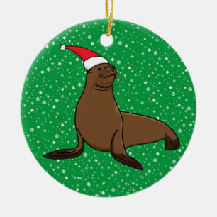 Niedlicher Seelöwe in der Weihnachtsmannmütze We Keramik Ornament