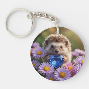 Niedlicher September-Igel mit Saphirherz Schlüsselanhänger