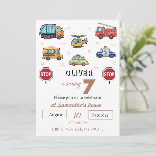 Niedlicher Service Vehicle Birthday bash Einladung (Stehend Vorderseite)