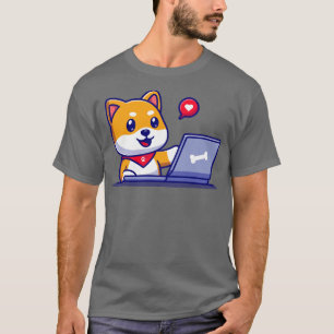 Niedlicher Shiba Inu Hund arbeitet auf Laptop-Cart T-Shirt