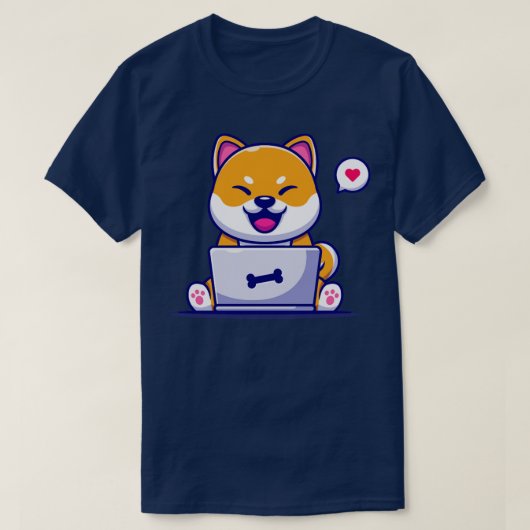 Niedlicher Shiba Inu Hund, der auf Laptop-Cartoon1 T-Shirt (Design vorne)