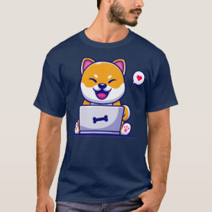 Niedlicher Shiba Inu Hund, der auf Laptop-Cartoon1 T-Shirt