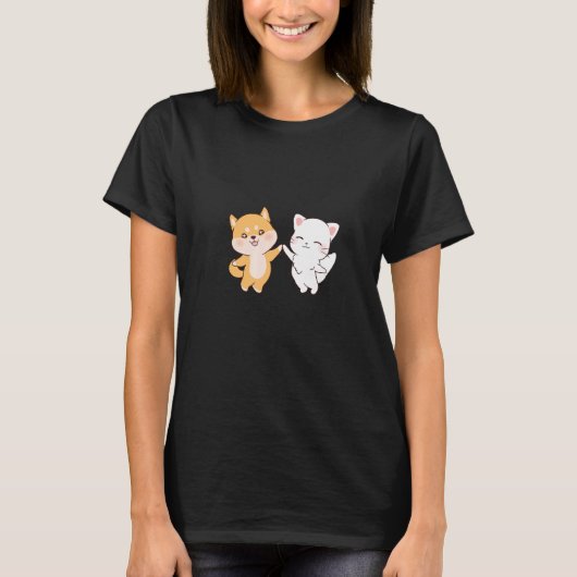 Niedlicher Shiba Inu Hund und weißer Katzen Chibis T-Shirt (Vorderseite)