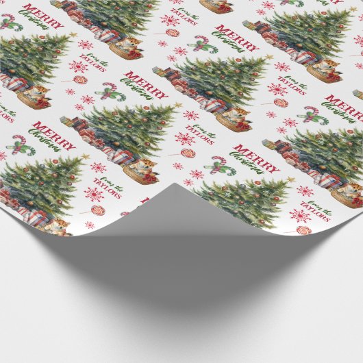 Niedlicher Shiba Inu Welpe unter dem Weihnachtsbau Geschenkpapier (Ecke)