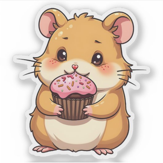 Niedlicher Shy Hamster mit Cupcake Fun Kawaii Aufkleber (Vorderseite)