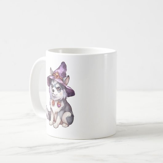 Niedlicher sibirischer Husky-Hund in Hexenhut Kaffeetasse (Vorderseite Links)