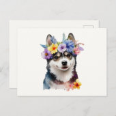 Niedlicher sibirischer Husky-Hund mit Blume Postkarte (Vorne/Hinten)