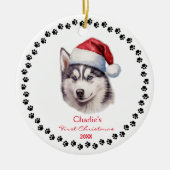Niedlicher sibirischer Husky-Hund Weihnachtsmannmü Keramik Ornament (Vorne)