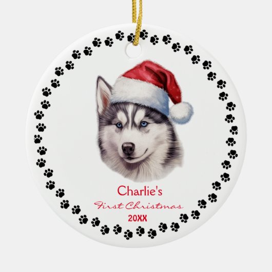 Niedlicher sibirischer Husky-Hund Weihnachtsmannmü Keramik Ornament (Vorne)