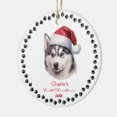 Niedlicher sibirischer Husky-Hund Weihnachtsmannmü Keramik Ornament (Links)