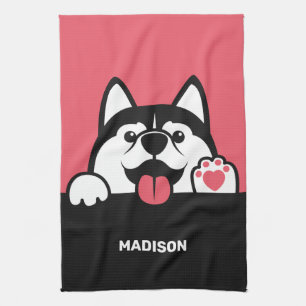 Niedlicher sibirischer Husky individuelle Name & F Geschirrtuch