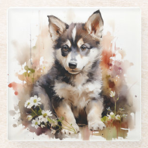 Niedlicher sibirischer Husky-Welpe-Glass-Untersetz Glasuntersetzer
