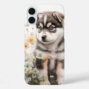 Niedlicher Sibirischer Husky-Welpe in Wildblumen iPhone 16 Plus Hülle