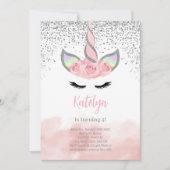 Niedlicher Silberner Glitzer Einhorn Geburtstag Einladung (Vorderseite)