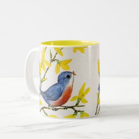 Niedlicher Singing Blue Bird Tree Zweifarbige Tasse (Vorderseite Links)