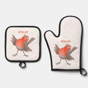 Niedlicher Singvogel Cartoon Ofenhandschuh & Topflappen-Set
