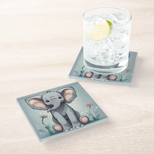 Niedlicher SitzElefant Glasuntersetzer (Schrägansicht)