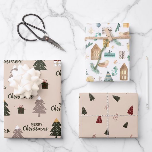 niedlicher skandinavischer Weihnachtsbaum Geschenkpapier Set (Vorderseite)