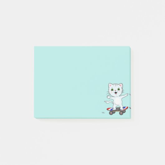 Niedlicher Skater Cat on Light Aquamarin Blue Note Post-it Klebezettel (Vorderseite)