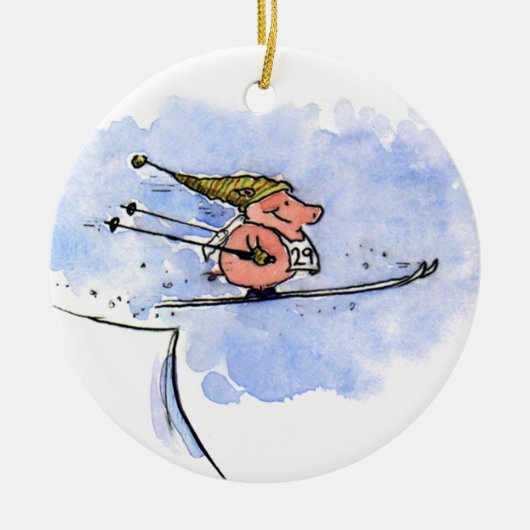 Niedlicher Skisprung Schweinchen Winterurlaub Weih Keramikornament (Vorne)