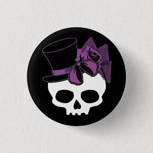 Niedlicher Skull mit Top Hat Lila Rose Knopf Button (Vorderseite)