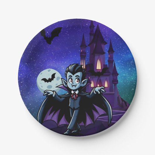 Niedlicher, skurriler Halloweenvampir Pappteller (Vorderseite)
