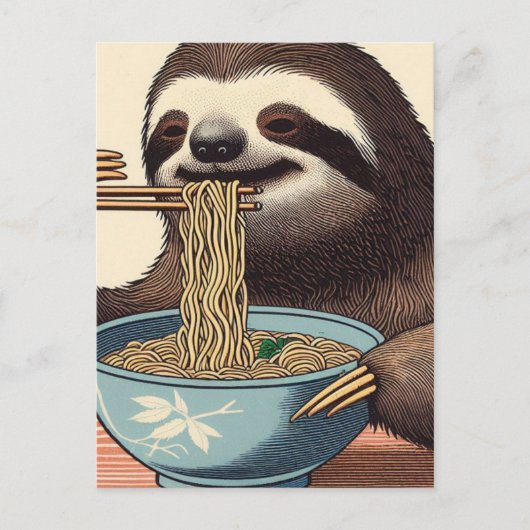 Niedlicher Sloth Eating Ramen Woodblock Print Postkarte (Vorderseite)