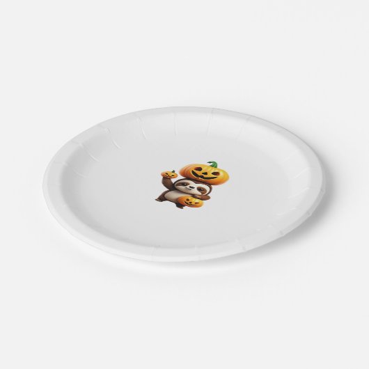 Niedlicher Sloth mit Pumpkin Halloween Cartoon Vec Pappteller (Schrägansicht)