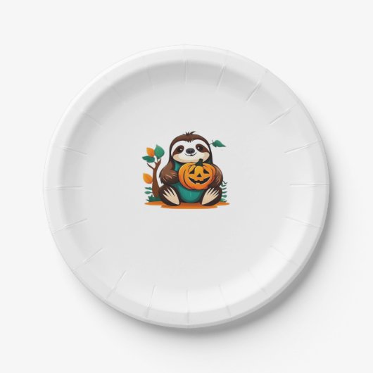 Niedlicher Sloth mit Pumpkin Halloween Cartoon Vec Pappteller (Vorderseite)
