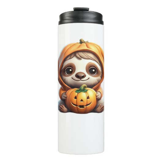 Niedlicher Sloth mit Pumpkin Halloween Cartoon Vec Thermosbecher (Vorderseite)