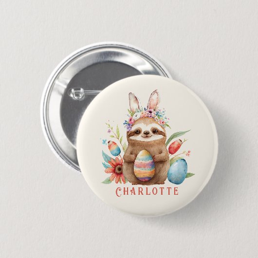Niedlicher Sloth Oaster Kanincheneier Name Button (Vorne & Hinten)