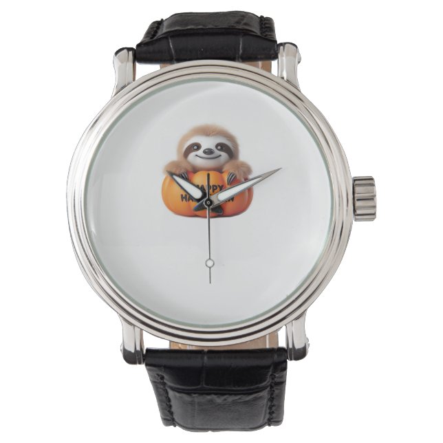 Niedlicher Sloth sitzt in einem Kürbis. Text Happy Armbanduhr (Vorderseite)