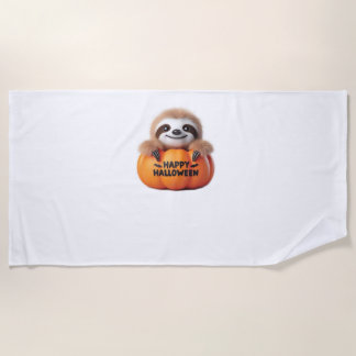 Niedlicher Sloth sitzt in einem Kürbis. Text Happy Strandtuch