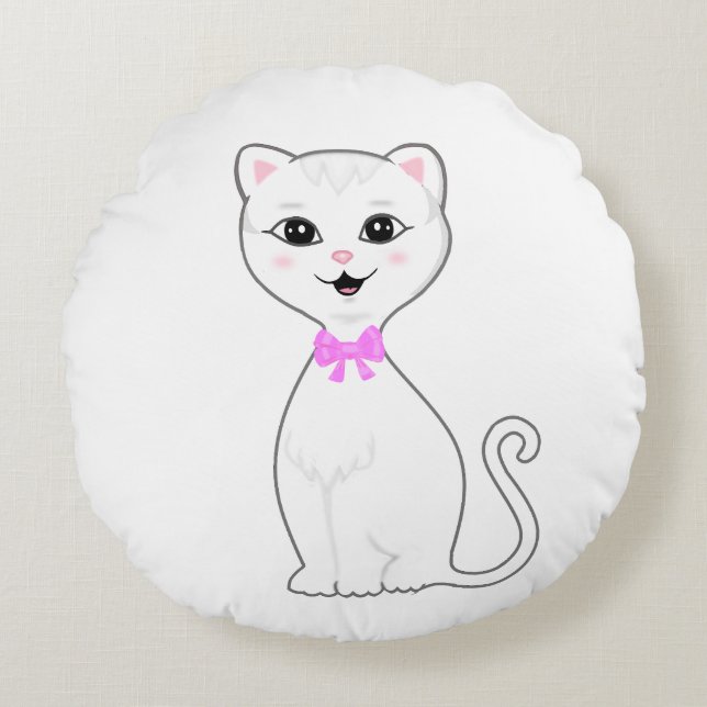 Niedlicher Smart White Cat Cartoon Rundes Kissen (Vorderseite)