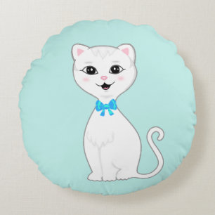 Niedlicher Smart White Cat Cartoon Rundes Kissen
