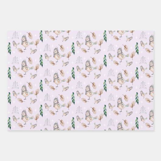 Niedlicher Snow Sparrow Wasserfarbe Handgestrichen Geschenkpapier Set (Vorderseite)