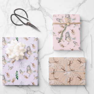 Niedlicher Snow Sparrow Wasserfarbe Handgestrichen Geschenkpapier Set