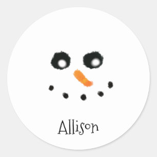 Niedlicher Snowman-Gesicht Personalisierter Name R Runder Aufkleber
