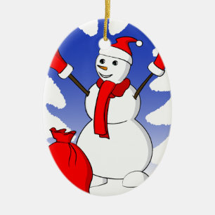Niedlicher Snowman mit roten Handschuhen und Keramikornament