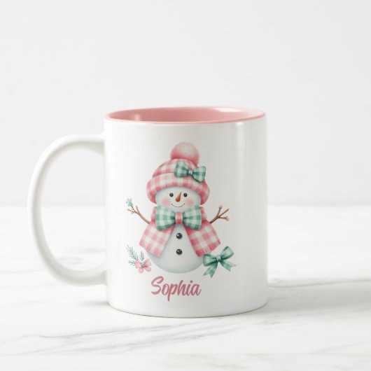 Niedlicher Snowman Pink Green personalisierte Umar Zweifarbige Tasse (Links)