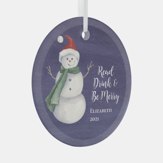Niedlicher Snowman Reading Book Club Mit Monogramm Ornament Aus Glas (Vorderseite Rechts)