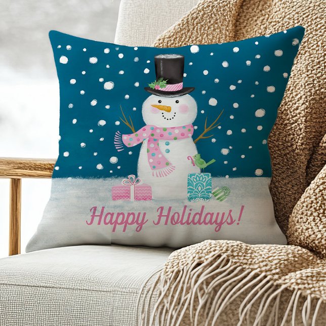 Niedlicher Snowman Weihnachtsbaum Kissen (A cute snowman pillow with a pink scarf. Personalize it with your holiday greeting.)