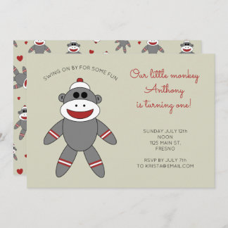 Niedlicher Sockenaffe mit Herz 1. Geburtstag Einladung