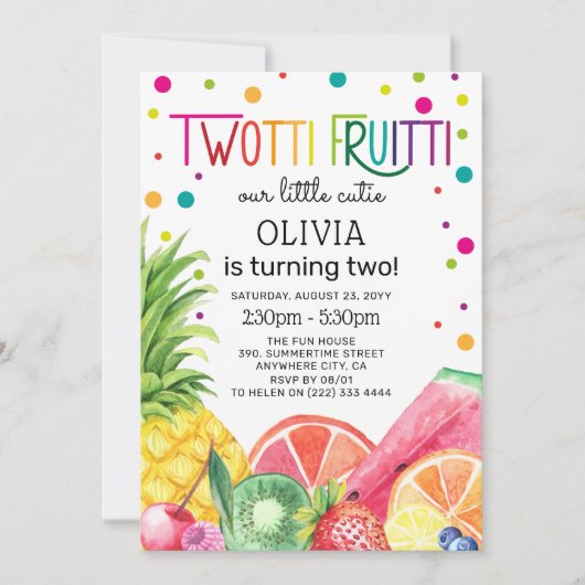 Niedlicher Sommer ZWEI-tti Fruitti Fruit 2. Geburt Einladung (Vorderseite)