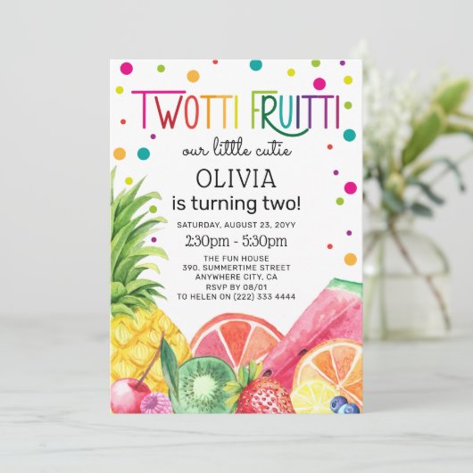 Niedlicher Sommer ZWEI-tti Fruitti Fruit 2. Geburt Einladung (Stehend Vorderseite)