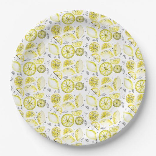 Niedlicher Sommerlemon Citrus Doodle Yellow Pappteller (Vorderseite)