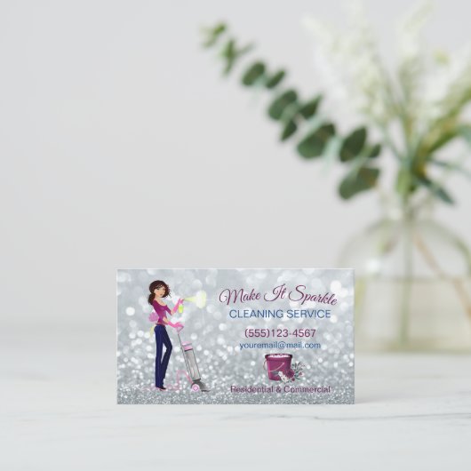 Niedlicher Sparkle Cartoon Reinigungsservice Visitenkarte (Stehend Vorderseite)