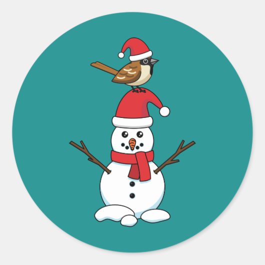 Niedlicher Sparrow auf Snowman Runder Aufkleber (Vorderseite)